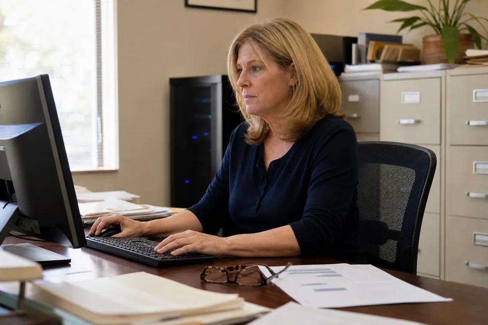 Small law firm office manager at a desktop computer with a renewal invoice beside the keyboard and a server cabinet behind her
