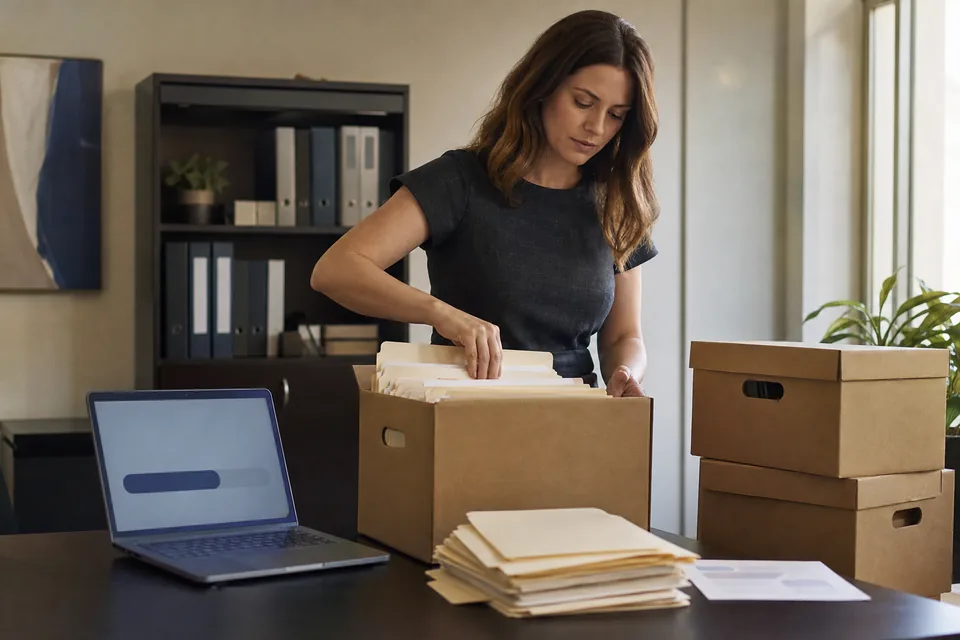 Paralegal packing client file boxes next to a laptop during a case management software migration