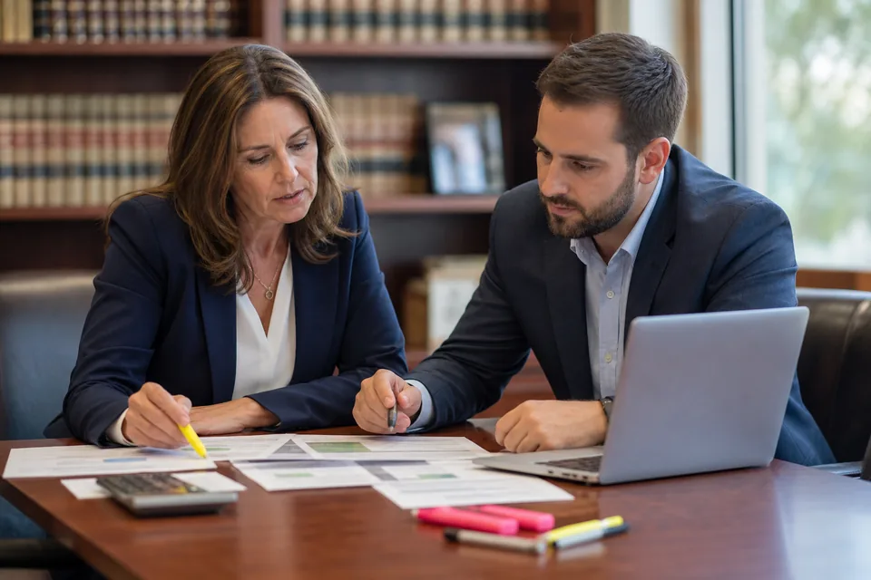 Managing partner and office manager comparing printed software quotes at a conference table