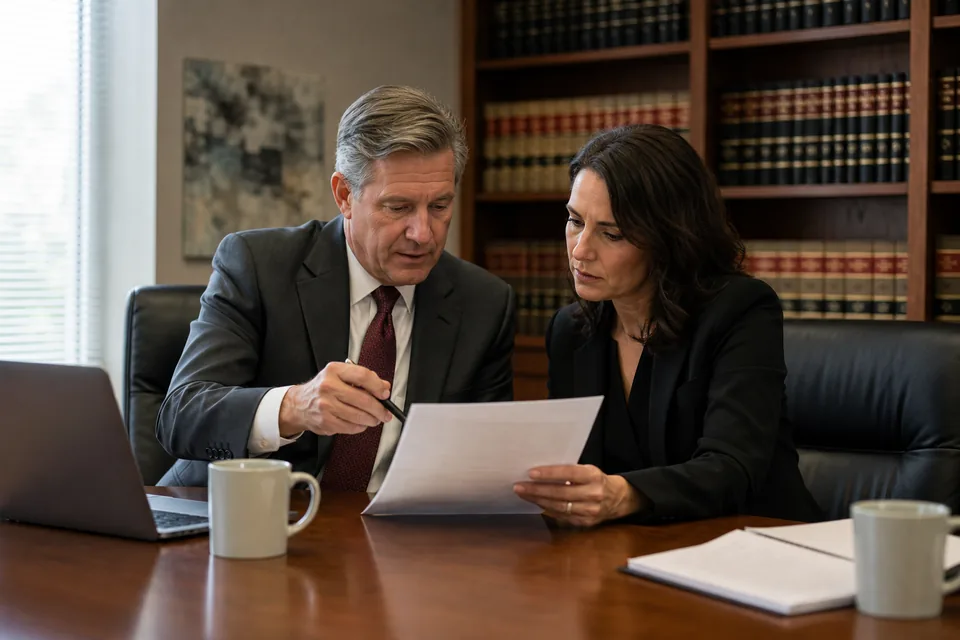 Two law firm partners at a conference table reviewing a software quote printout next to a laptop