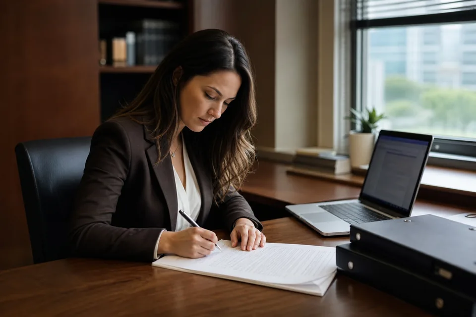 Litigation associate at a desk comparing a legal research screen with a printed brief and case binders