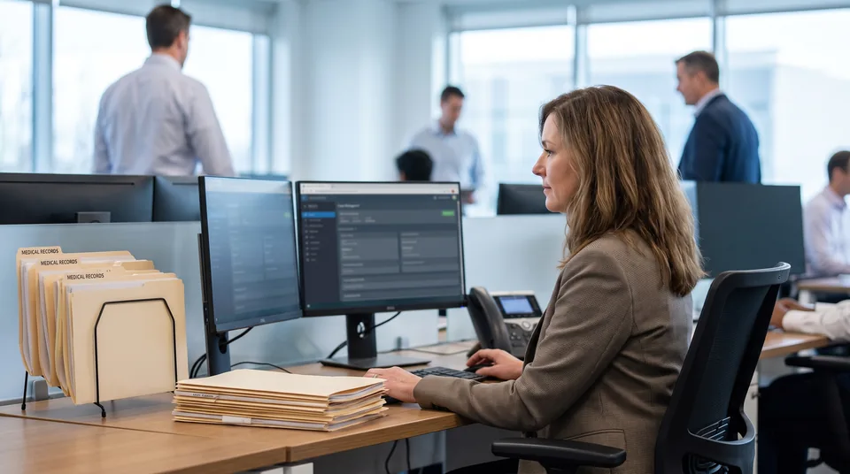 Personal injury paralegal working in case management software with medical records on the desk