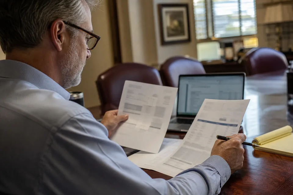 Managing attorney reviewing a printed software subscription invoice next to a credit card statement in a law firm conference room