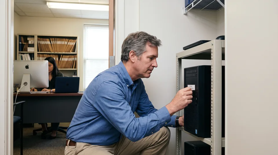 Personal injury firm office manager checking an on premise server next to a paralegal workstation