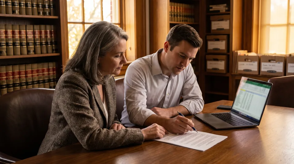 Law firm partner and office manager reviewing a practice management software order form