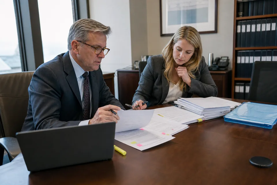 Partner and billing manager going over printed invoices with task code notes at a conference table