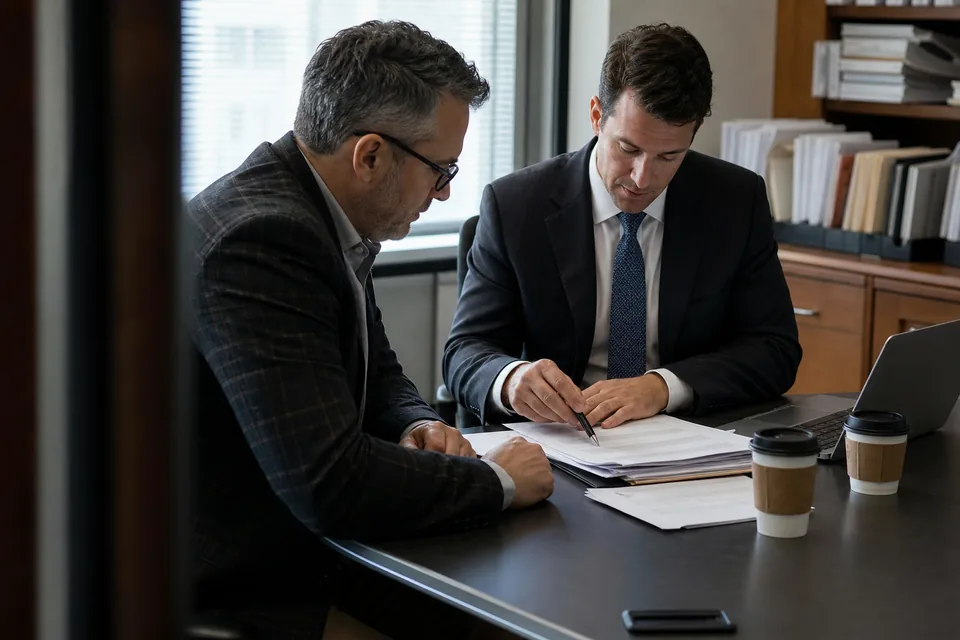 IT director and law firm partner going through a printed software order form at a conference table