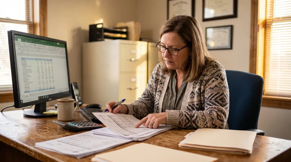 Law firm bookkeeper reviewing monthly billing and trust account reports at her desk
