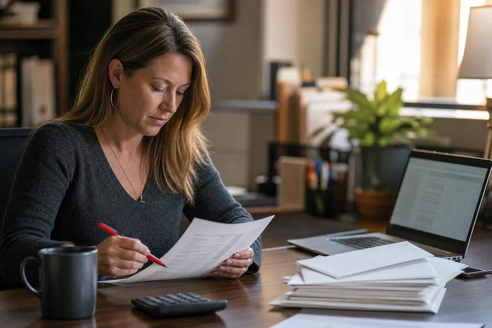 Billing coordinator reviewing a printed pre-bill with a red pen at a law firm desk at month end