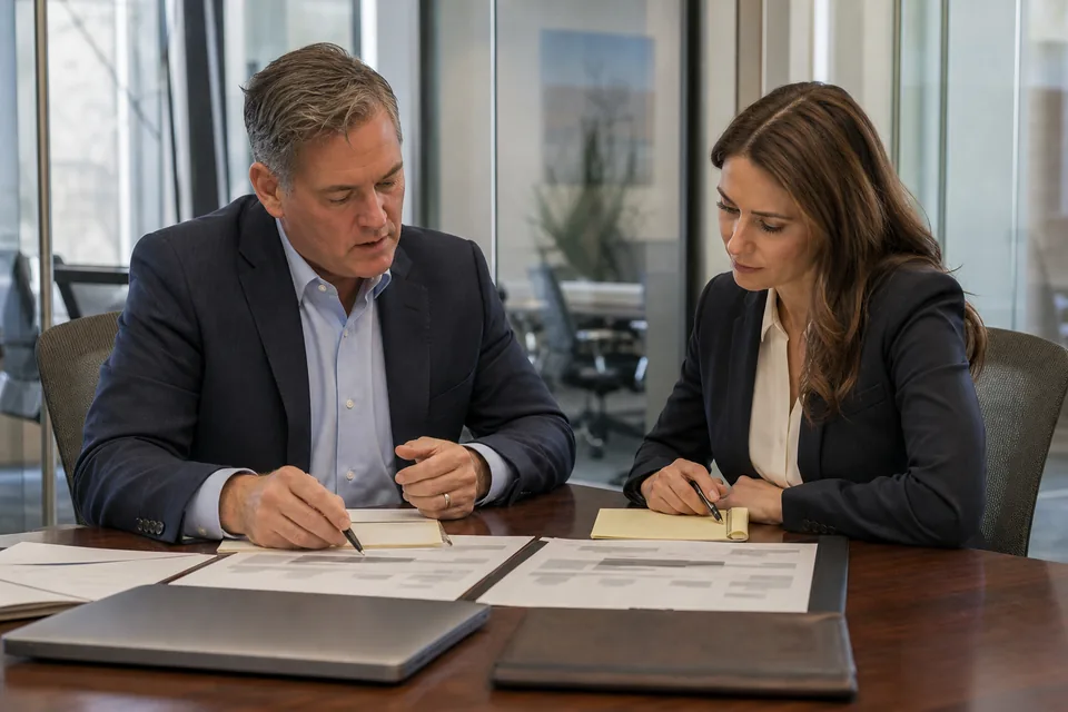 Two law firm partners comparing printed software quotes in a small conference room