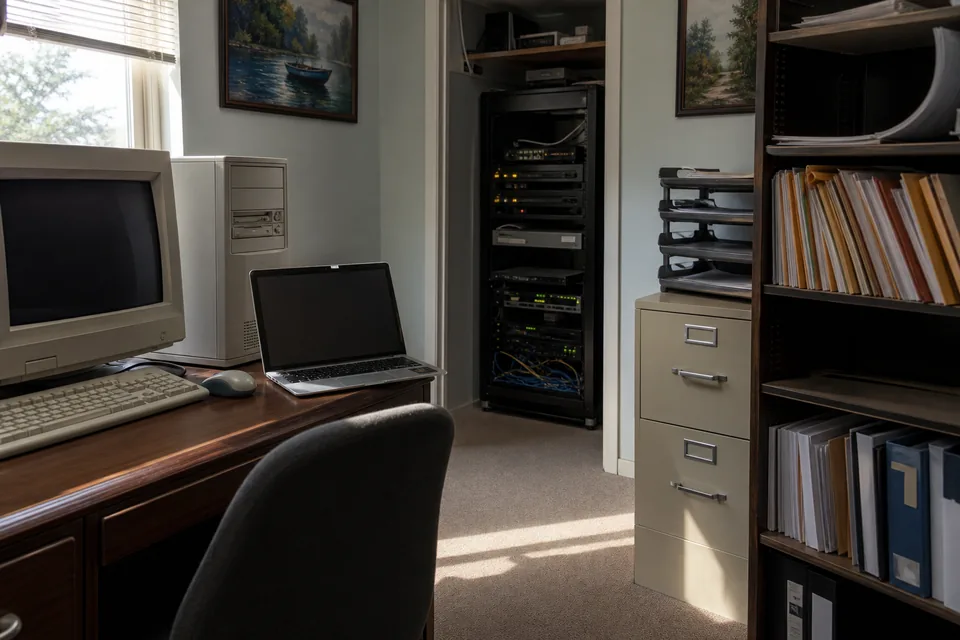 Small law office back room with an older desktop computer, a server rack and case files